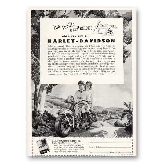 1948 Harley Davidson Fun Thrills Excitement Vintage Magazine Print Ad