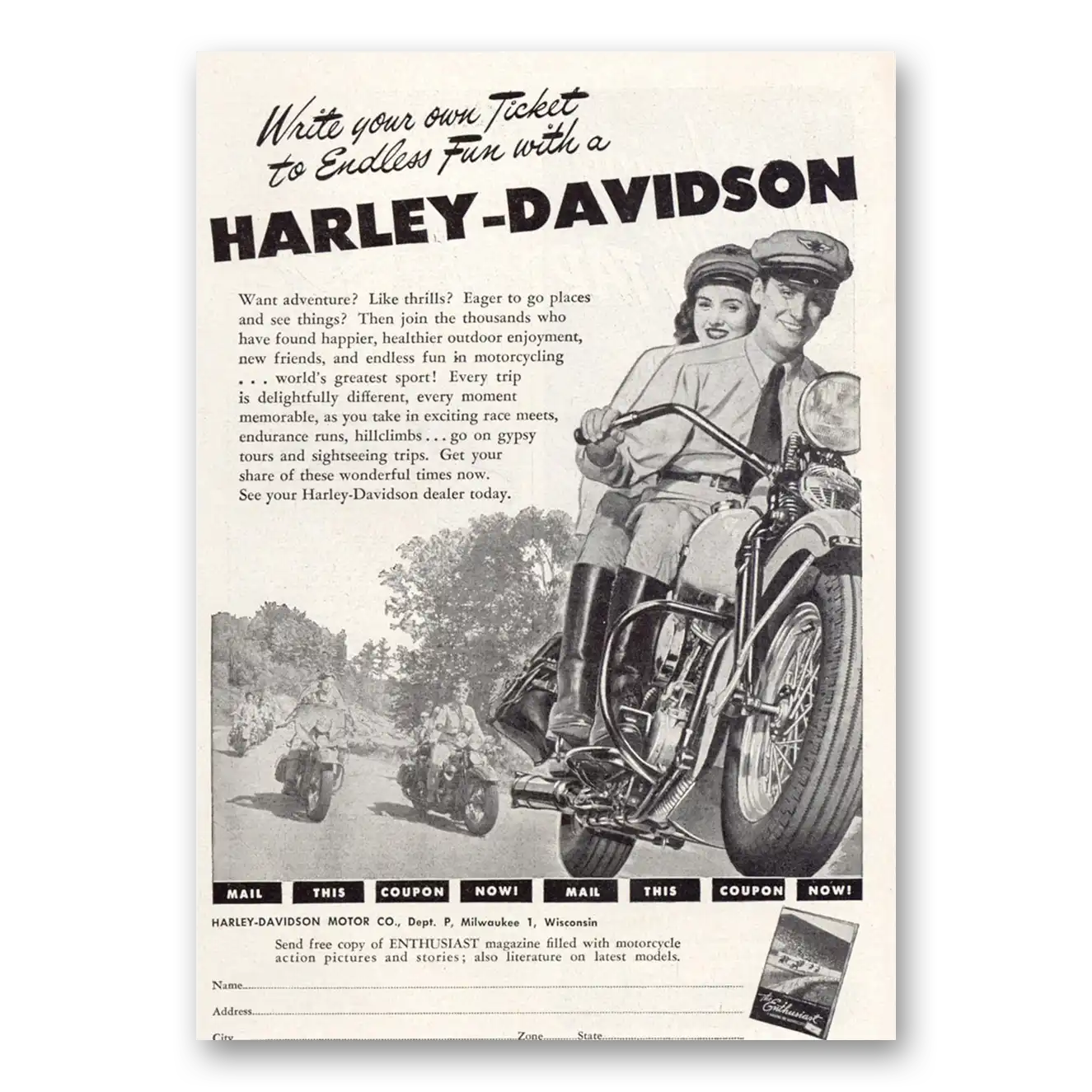 1948 Harley Davidson Write Your Own Ticket Vintage Magazine Print Ad