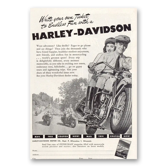 1948 Harley Davidson Write Your Own Ticket Vintage Magazine Print Ad