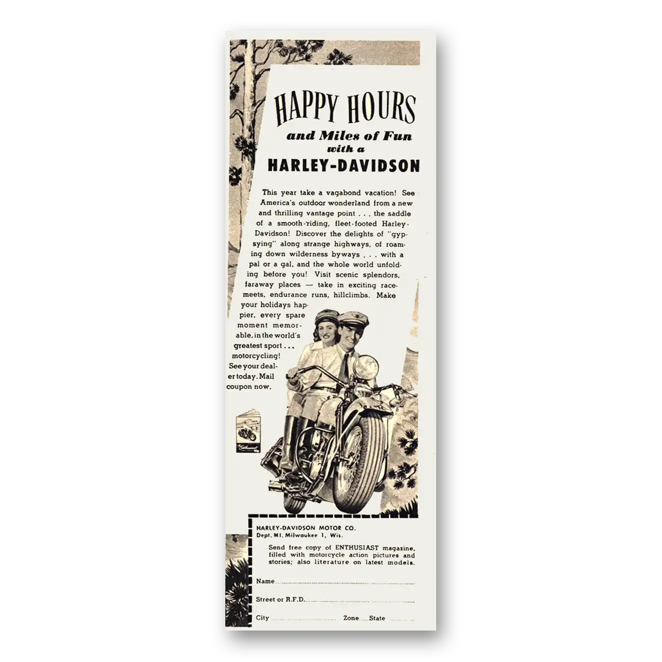 1948 Harley Davidson Happy Hours and Miles of Fun Vintage Magazine Print Ad