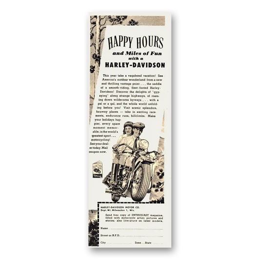 1948 Harley Davidson Happy Hours and Miles of Fun Vintage Magazine Print Ad