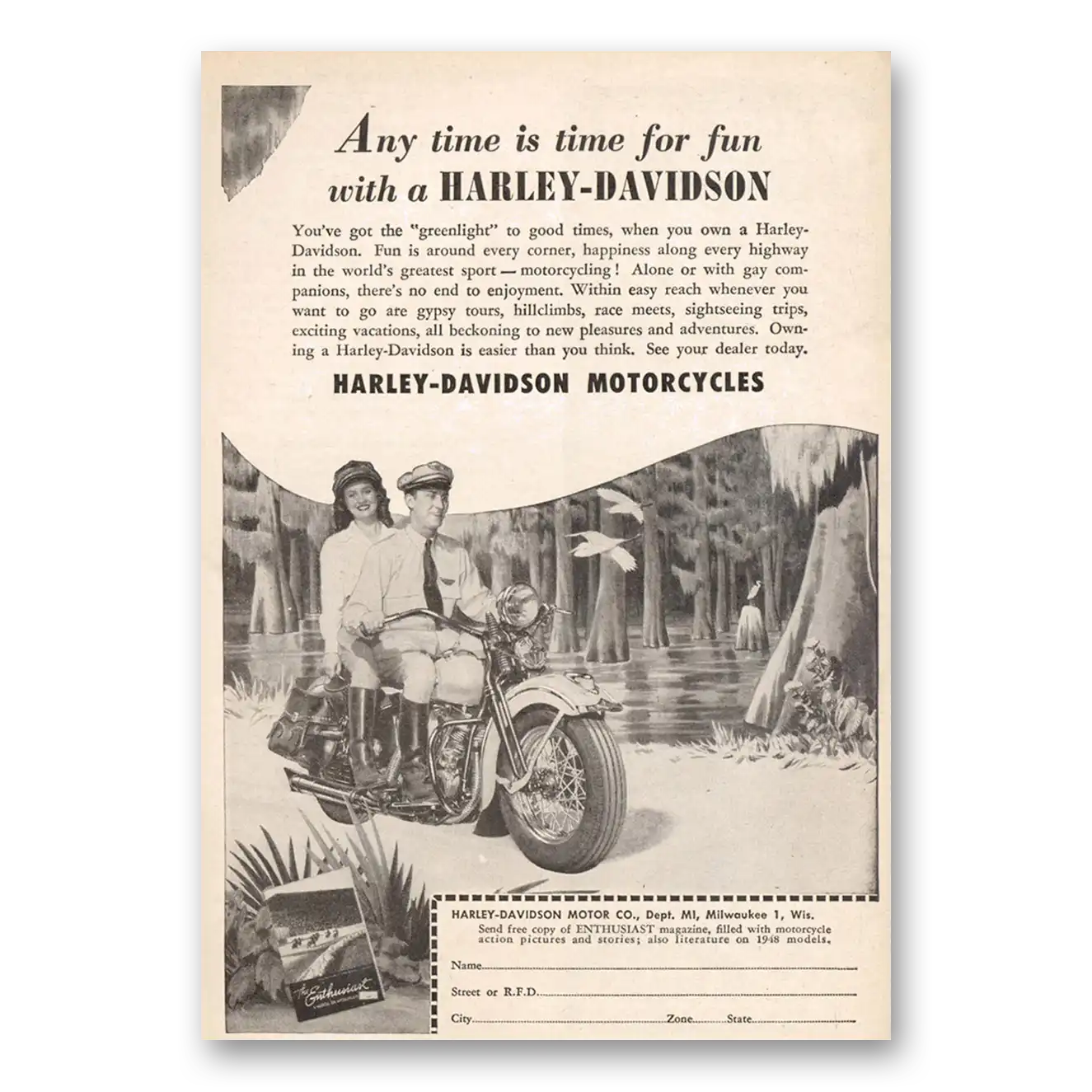 1948 Harley Davidson Any Time Is Time for Fun Vintage Magazine Print Ad