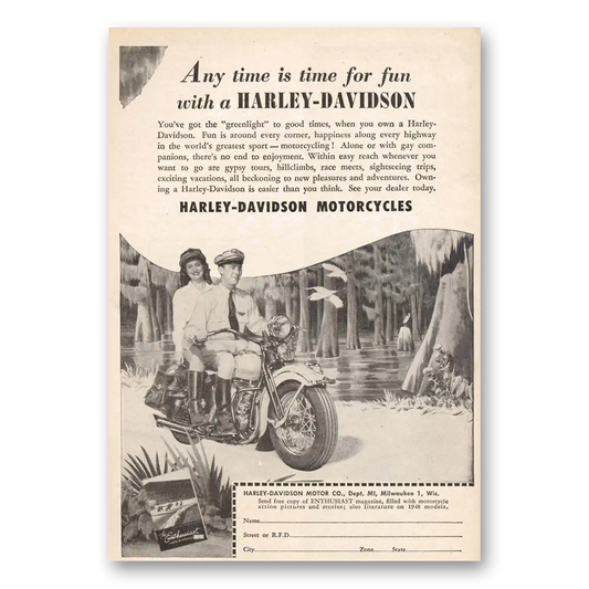 1948 Harley Davidson Any Time Is Time for Fun Vintage Magazine Print Ad