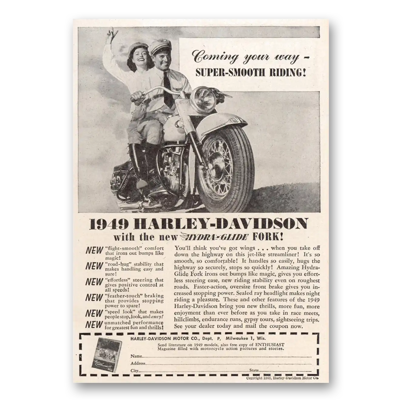 1948 Harley Davidson Super Smooth Riding Vintage Magazine Print Ad