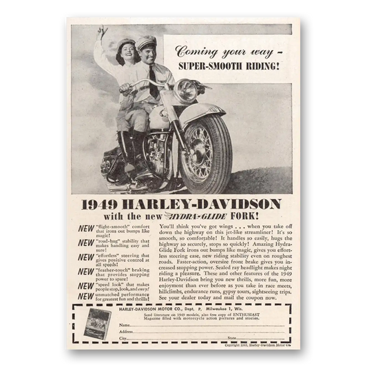 1948 Harley Davidson Super Smooth Riding Vintage Magazine Print Ad