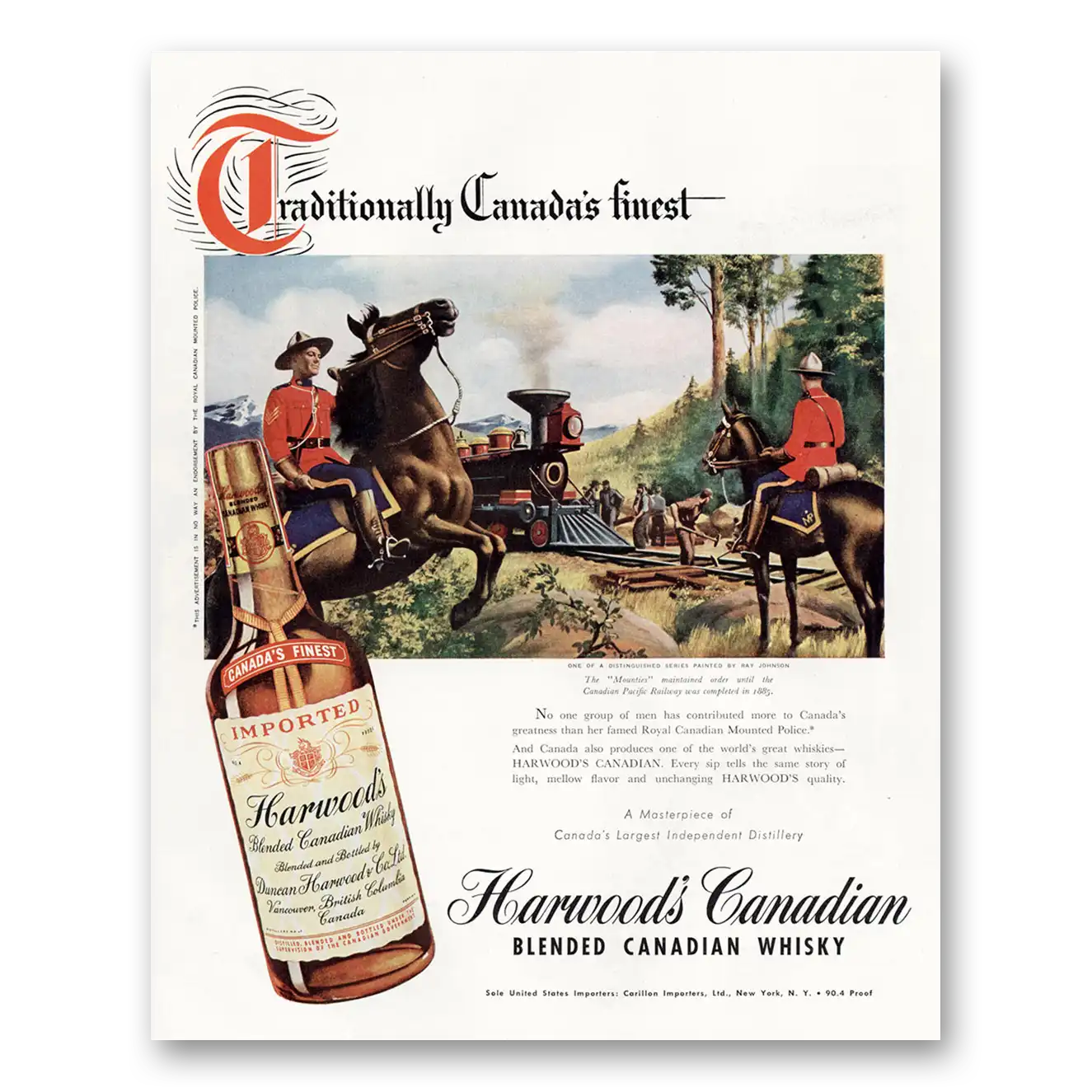 1948 Harwoods Canadian Whisky Mounties Vintage Magazine Print Ad