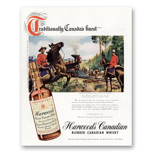 1948 Harwoods Canadian Whisky Mounties Vintage Magazine Print Ad