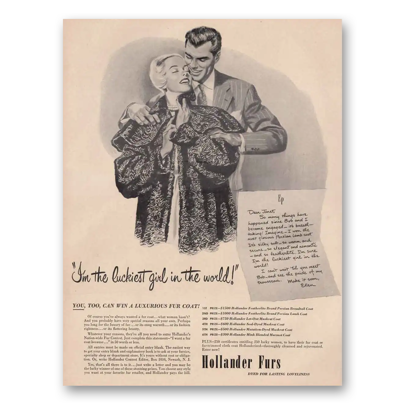 1948 Hollander Furs Luckiest Girl in the World Vintage Magazine Print Ad