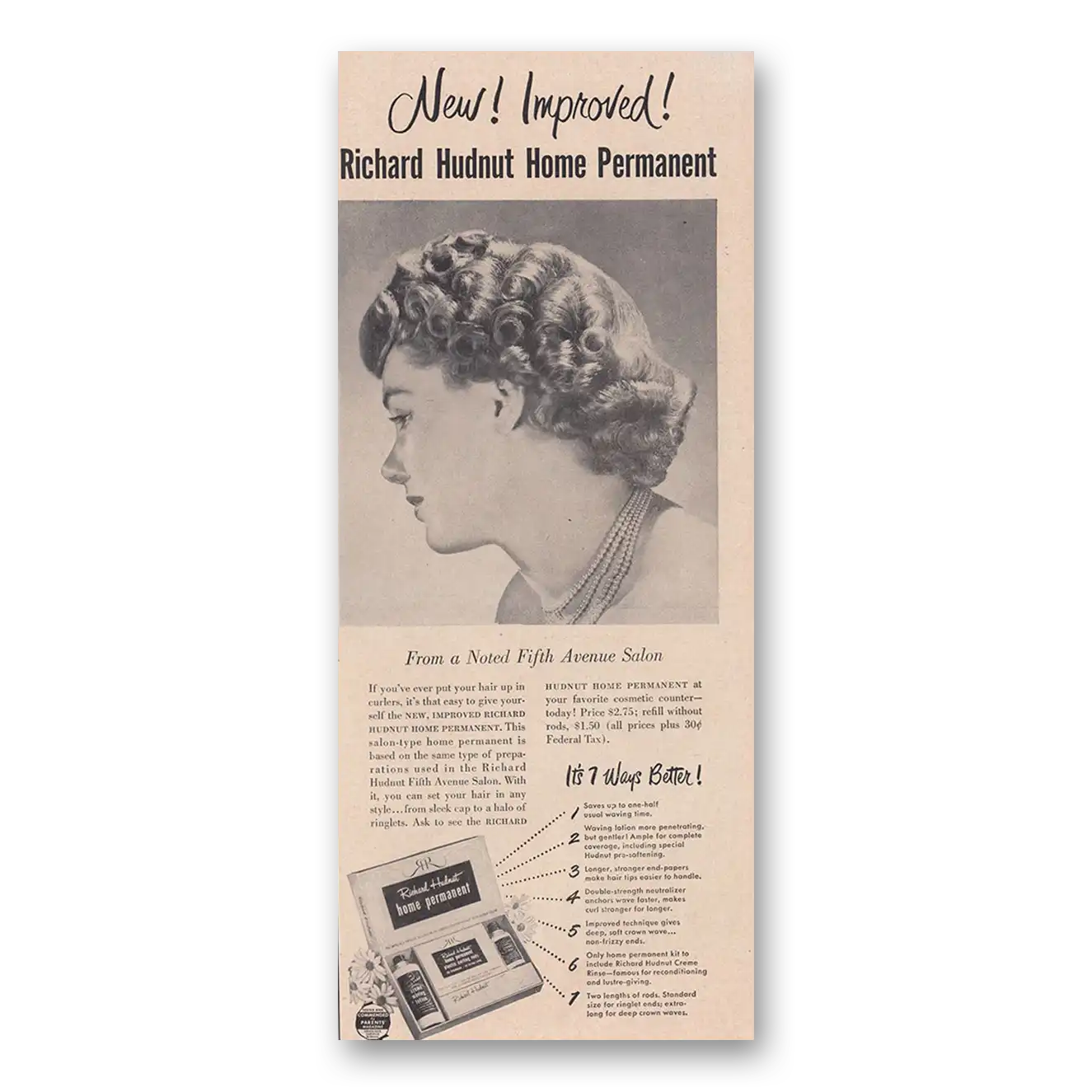 1948 Richard Hudnut Home Permanent Noted Fifth Avenue Salon Vintage Magazine Print Ad