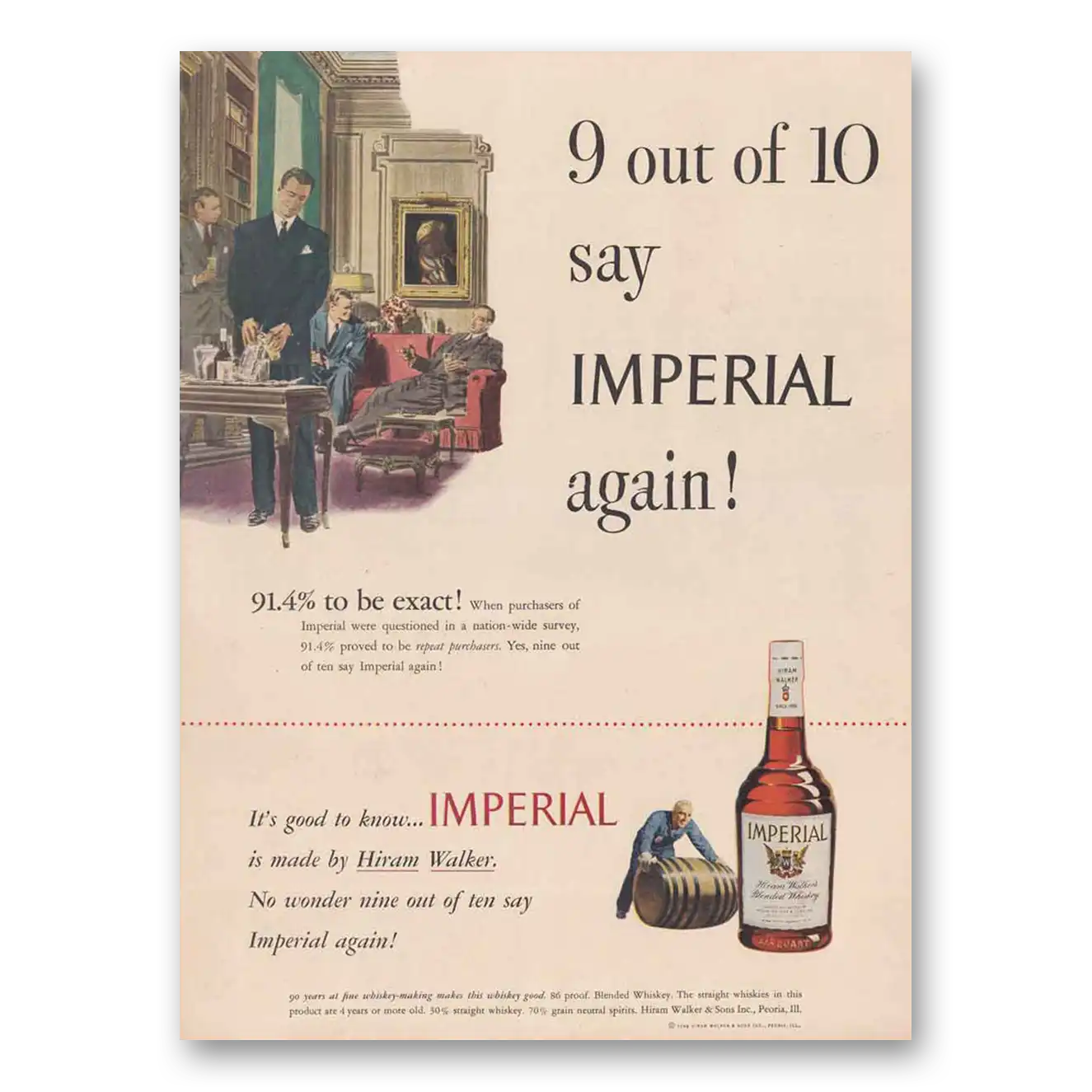 1948 Imperial Whiskey 9 Out of 10 Vintage Magazine Print Ad