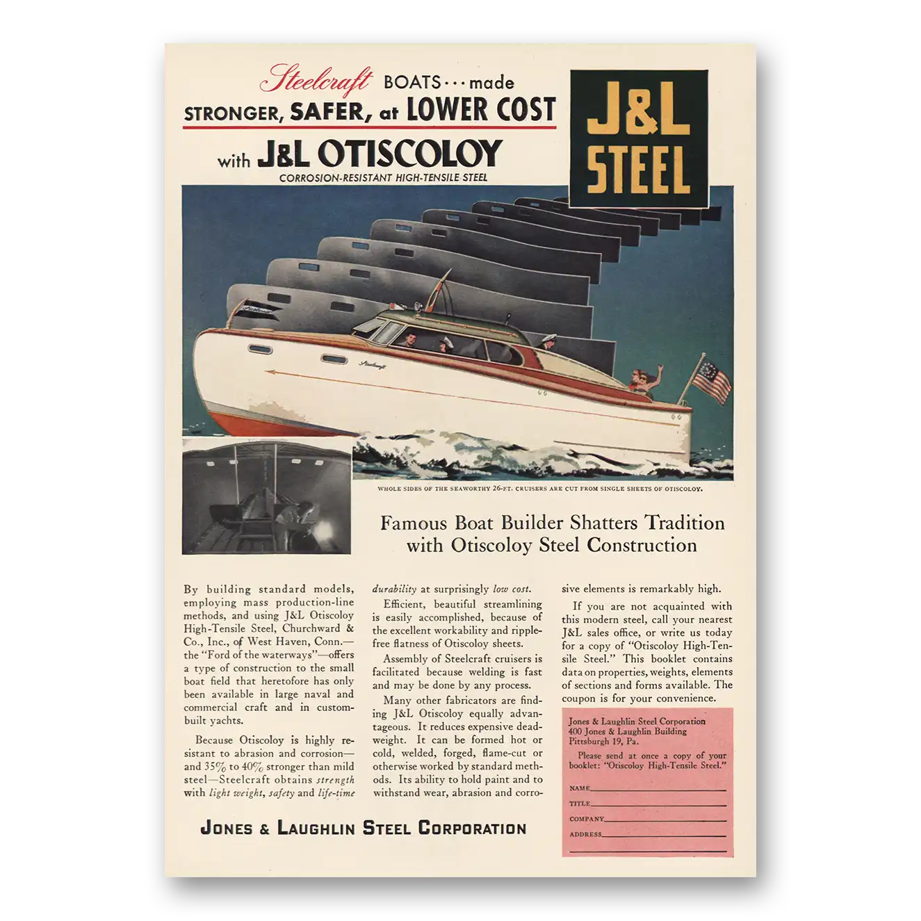 1948 Jones and Laughlin Steel Famous Boat Builder Vintage Magazine Print Ad