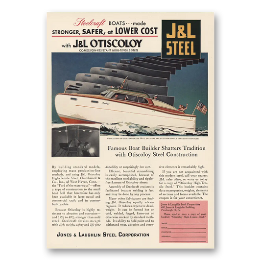 1948 Jones and Laughlin Steel Famous Boat Builder Vintage Magazine Print Ad