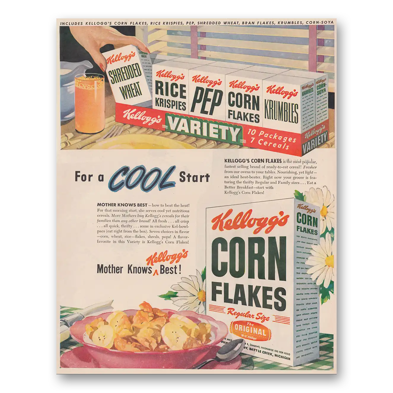 1948 Kelloggs Corn Flakes For a Cool Start Variety Vintage Magazine Print Ad