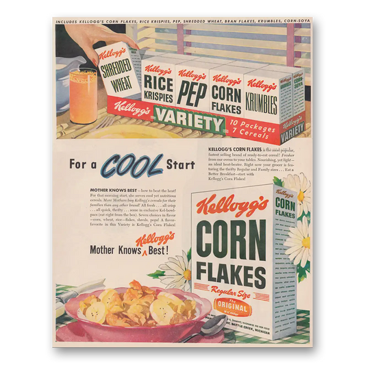 1948 Kelloggs Corn Flakes For a Cool Start Variety Vintage Magazine Print Ad