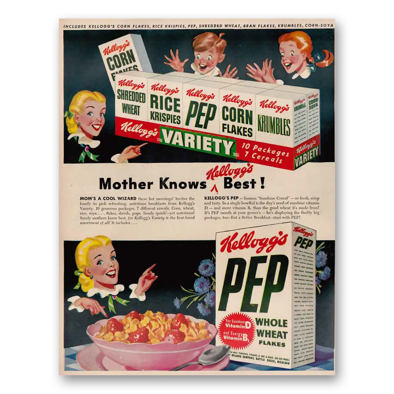 1948 Kelloggs Cereals Mothers Knows Kelloggs Best Vintage Magazine Print Ad