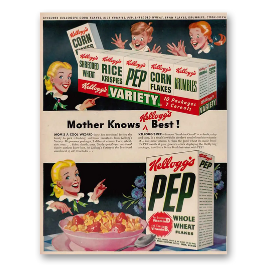 1948 Kelloggs Cereals Mothers Knows Kelloggs Best Vintage Magazine Print Ad