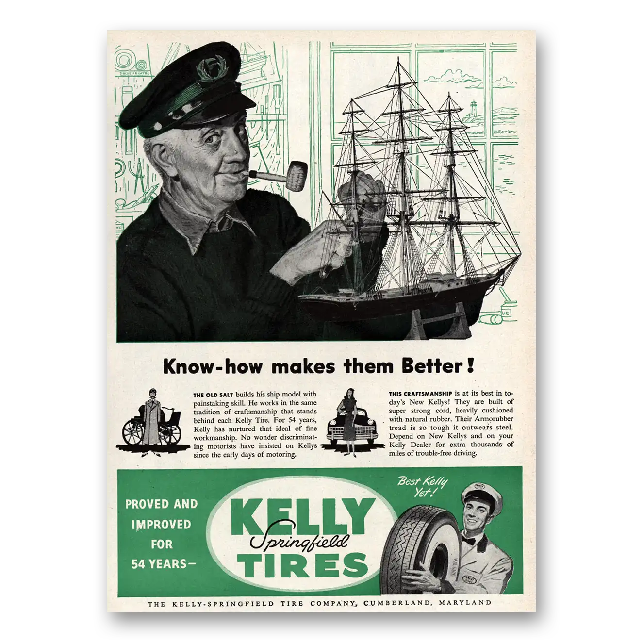 1948 Kelly Springfield Tires Old Salt Builds Ship Model Vintage Magazine Print Ad