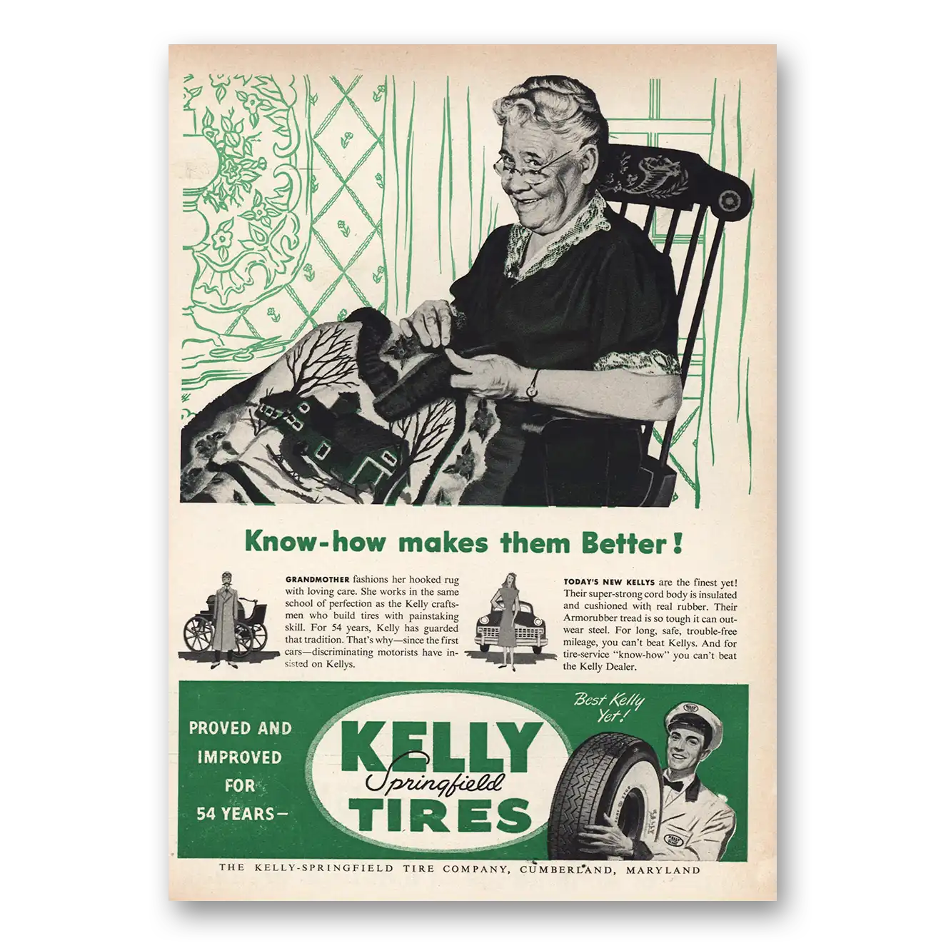 1948 Kelly Springfield Tires Grandmother Fashions Hooked Rug Vintage Magazine Print Ad