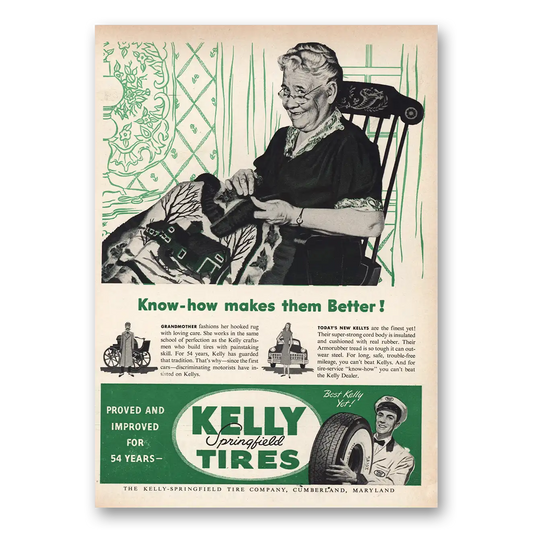 1948 Kelly Springfield Tires Grandmother Fashions Hooked Rug Vintage Magazine Print Ad