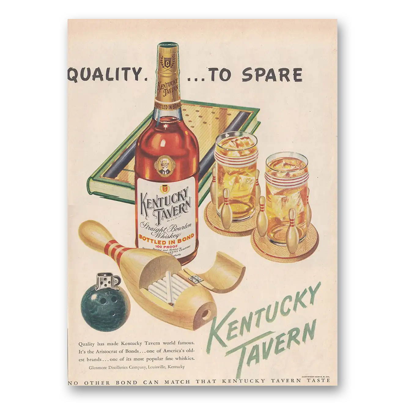 1948 Kentucky Tavern Whiskey Quality to Spare Bowling Vintage Magazine Print Ad