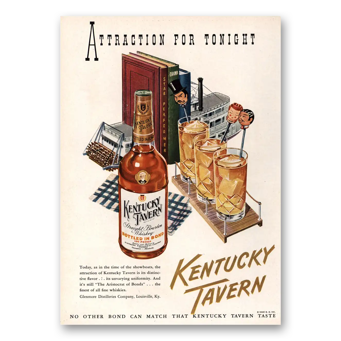 1948 Kentucky Tavern Whiskey Attraction for Tonight Vintage Magazine Print Ad