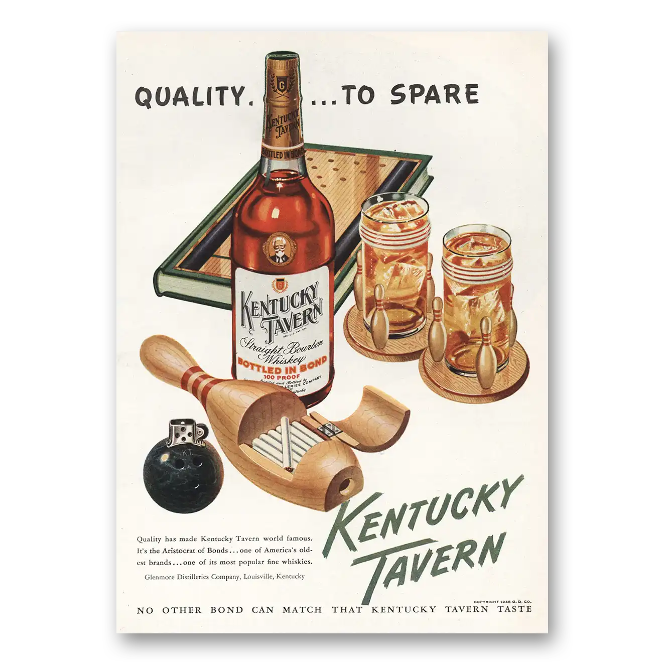 1948 Kentucky Tavern Whiskey Quality to Spare Bowling Vintage Magazine Print Ad