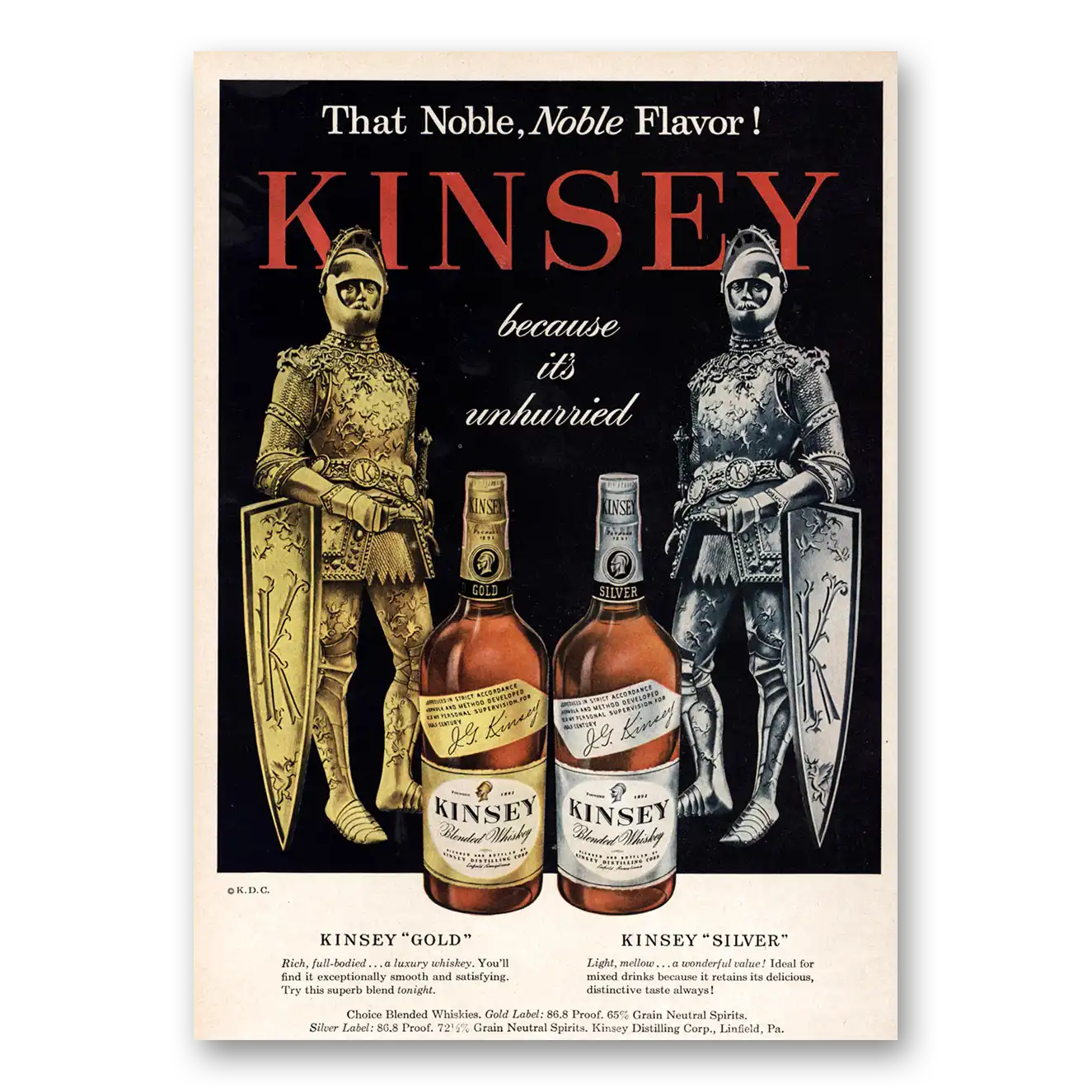 1948 Kinsey Whiskey Noble Flavor Because It Is Unhurried Vintage Magazine Print Ad