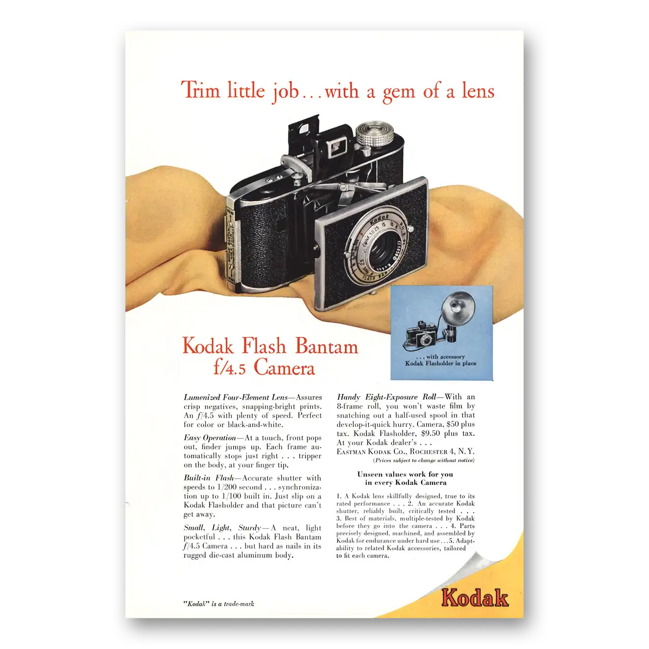 1948 Kodak Bantam Camera Flash Bantam Camera Trim Little Job Gem of Lens Vintage Magazine Print Ad