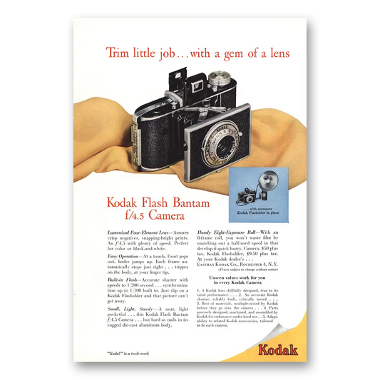 1948 Kodak Bantam Camera Flash Bantam Camera Trim Little Job Gem of Lens Vintage Magazine Print Ad