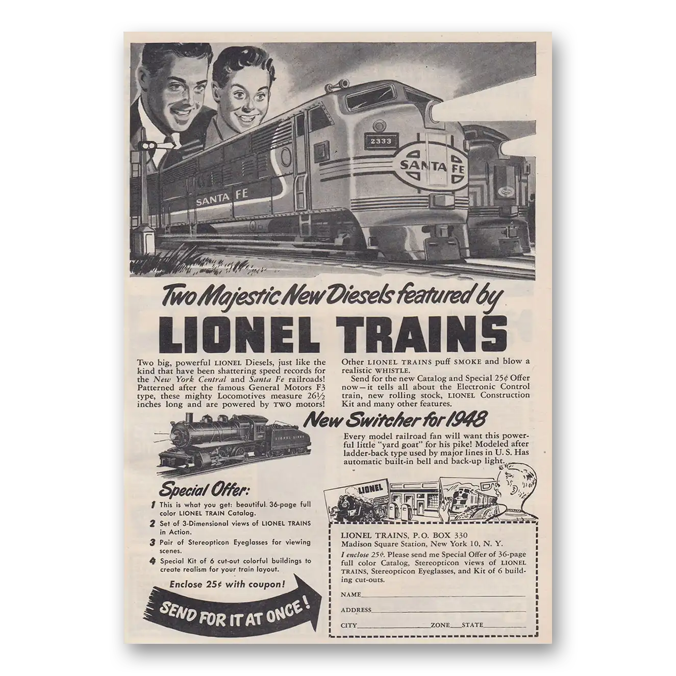 1948 Lionel Trains Two Majestic New Diesels Vintage Magazine Print Ad