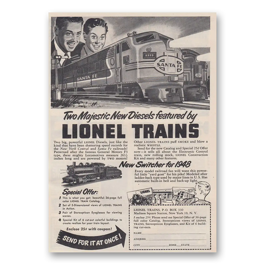 1948 Lionel Trains Two Majestic New Diesels Vintage Magazine Print Ad