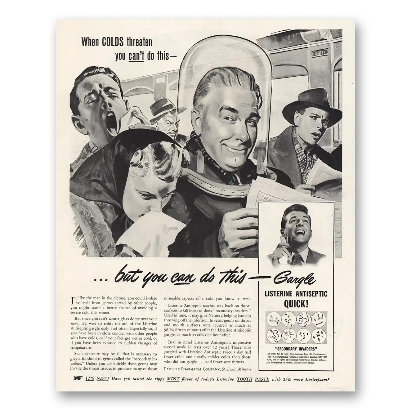 1948 Listerine When Colds Threaten Vintage Magazine Print Ad