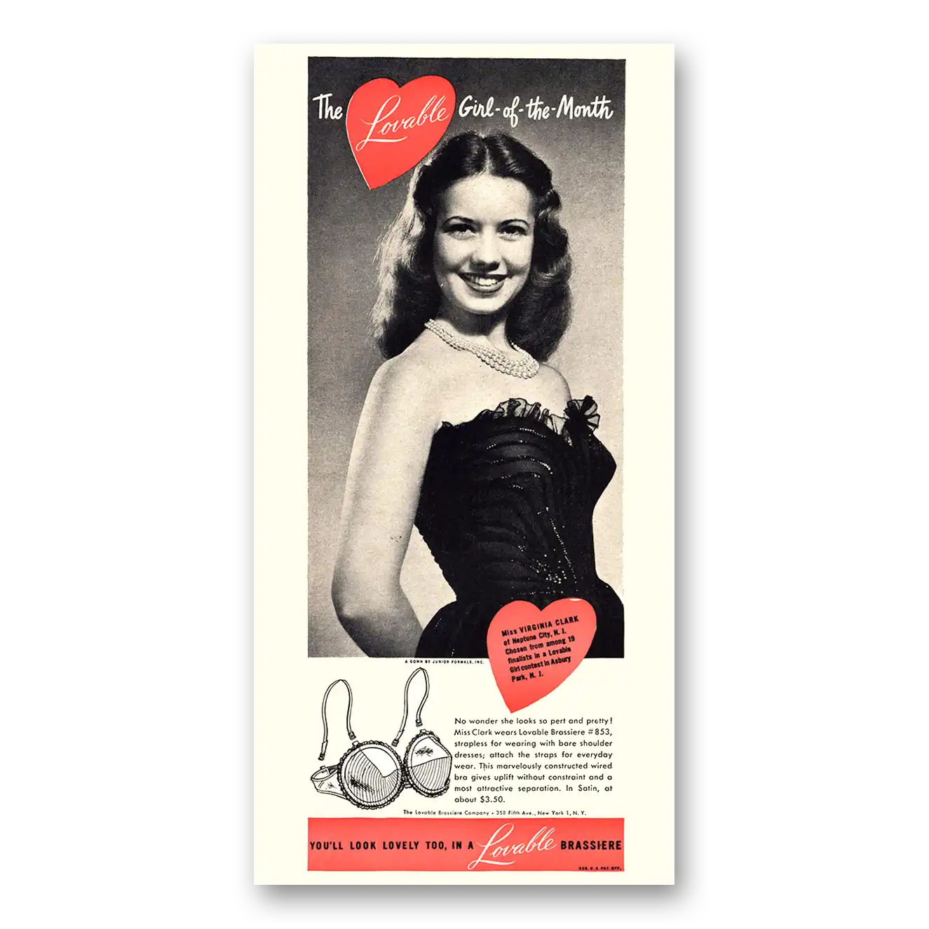 1948 Lovable Brassiere Girl of the Month Miss Virginia Clark Vintage Magazine Print Ad