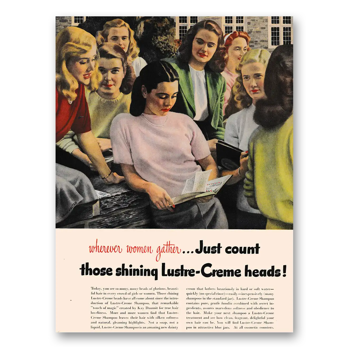 1948 Lustre Creme Shampoo Wherever Women Gather Vintage Magazine Print Ad