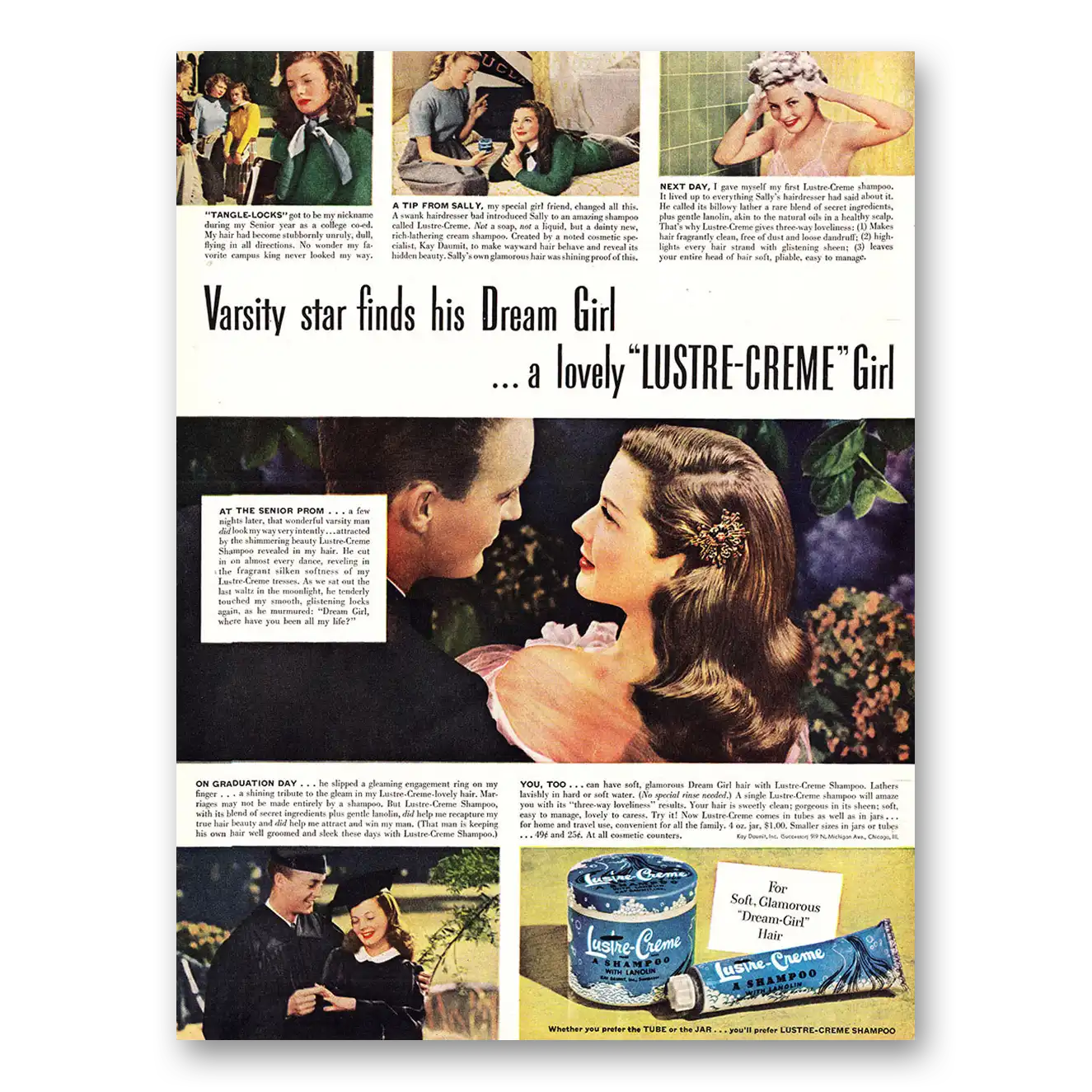 1948 Lustre Creme Shampoo Varsity Star Finds His Dream Girl Vintage Magazine Print Ad