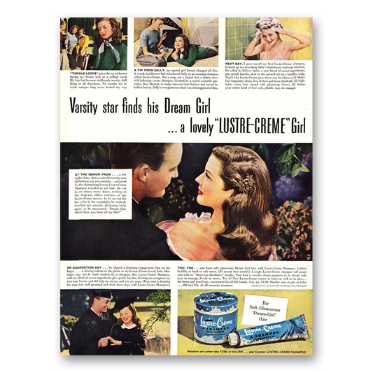 1948 Lustre Creme Shampoo Varsity Star Finds His Dream Girl Vintage Magazine Print Ad