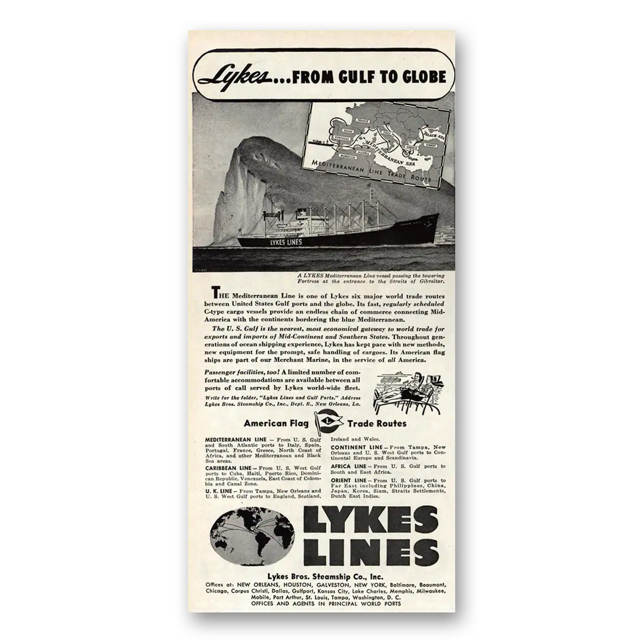 1948 Lykes Lines From Gulf to Globe Vintage Magazine Print Ad