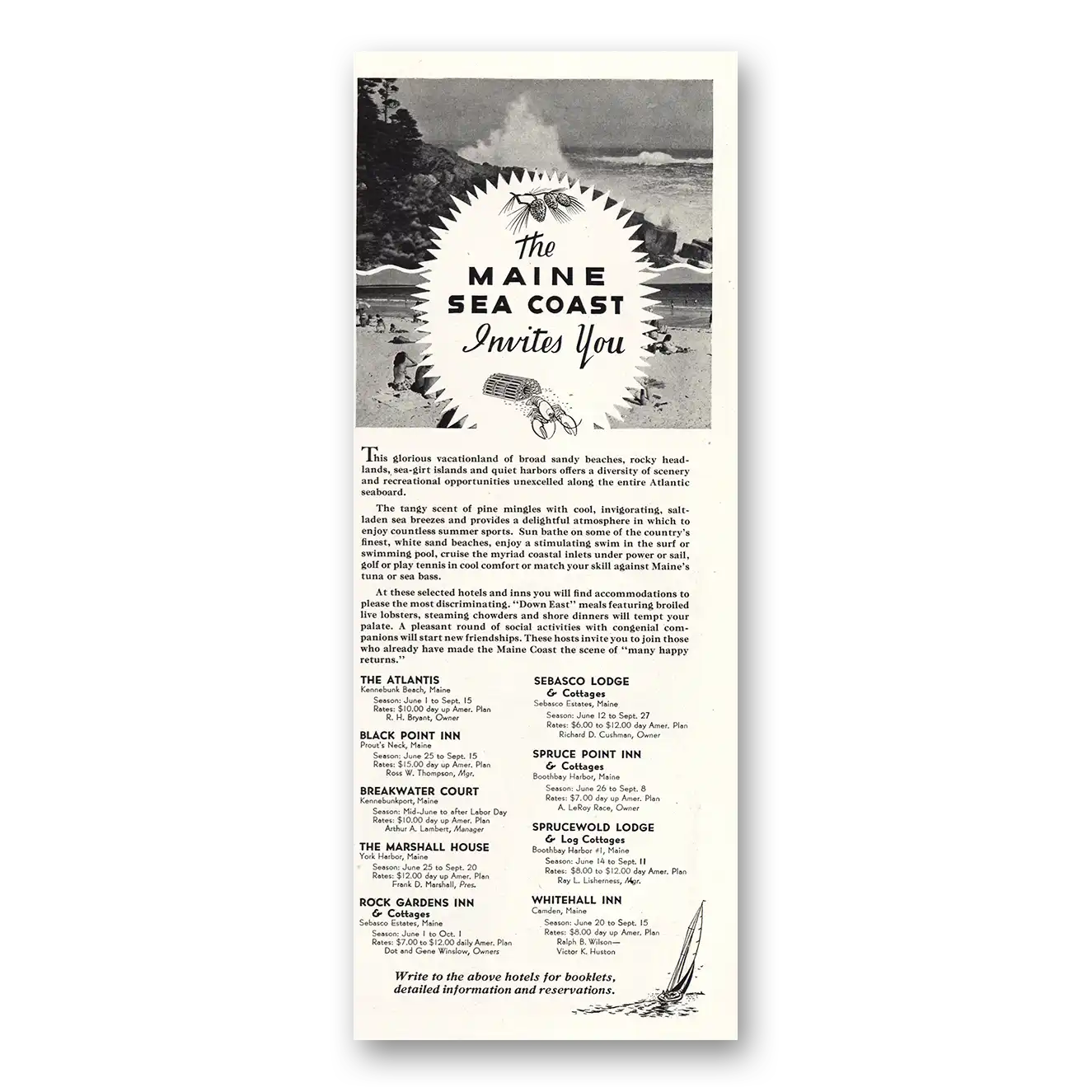 1948 Maine Sea Coast Invites You Vintage Magazine Print Ad