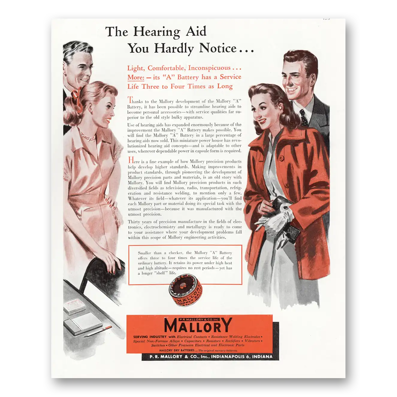 1948 Mallory Hearing Aids You Hardly Notice Vintage Magazine Print Ad