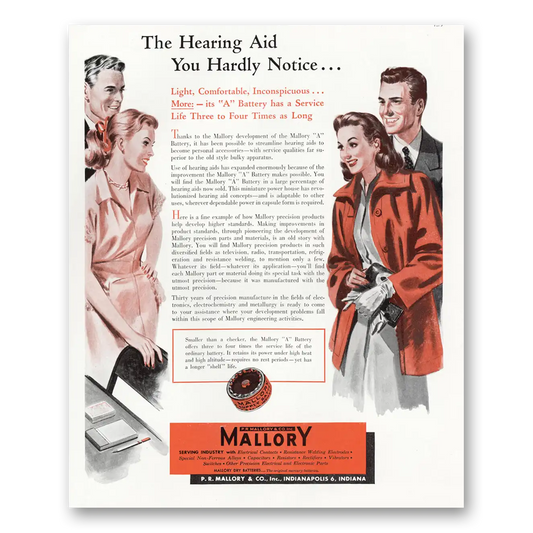 1948 Mallory Hearing Aids You Hardly Notice Vintage Magazine Print Ad