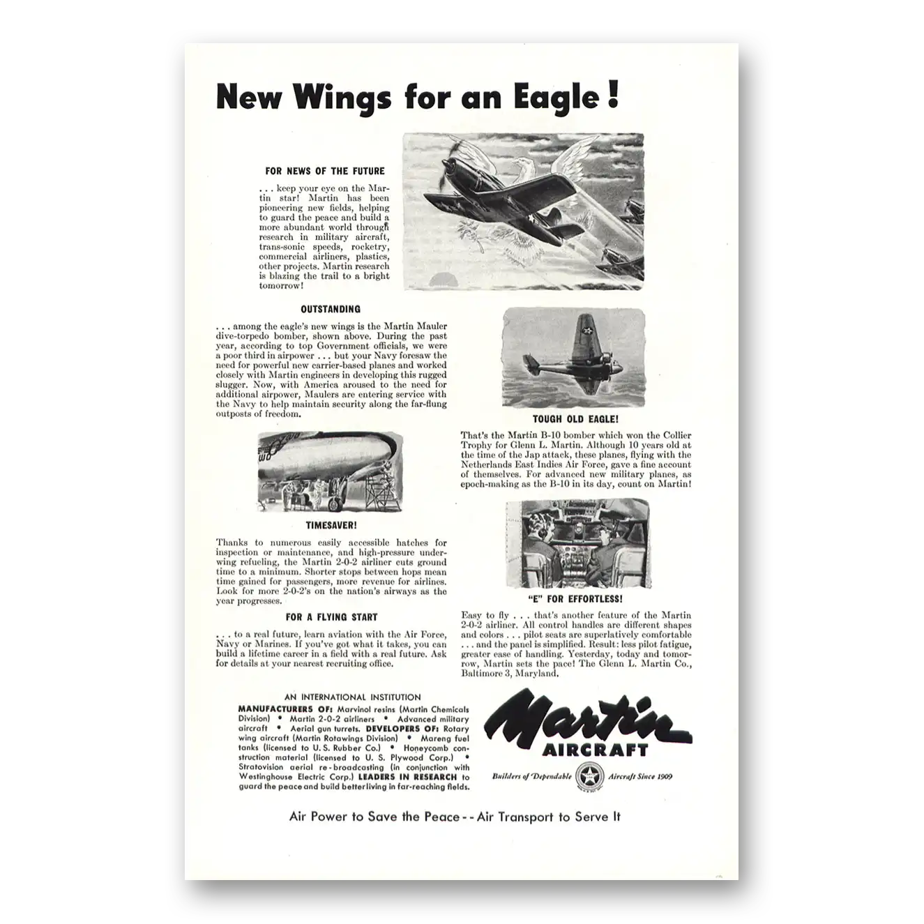 1948 Martin Aircraft New Wings for an Eagle Vintage Magazine Print Ad