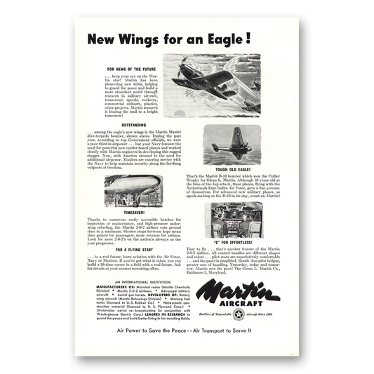 1948 Martin Aircraft New Wings for an Eagle Vintage Magazine Print Ad