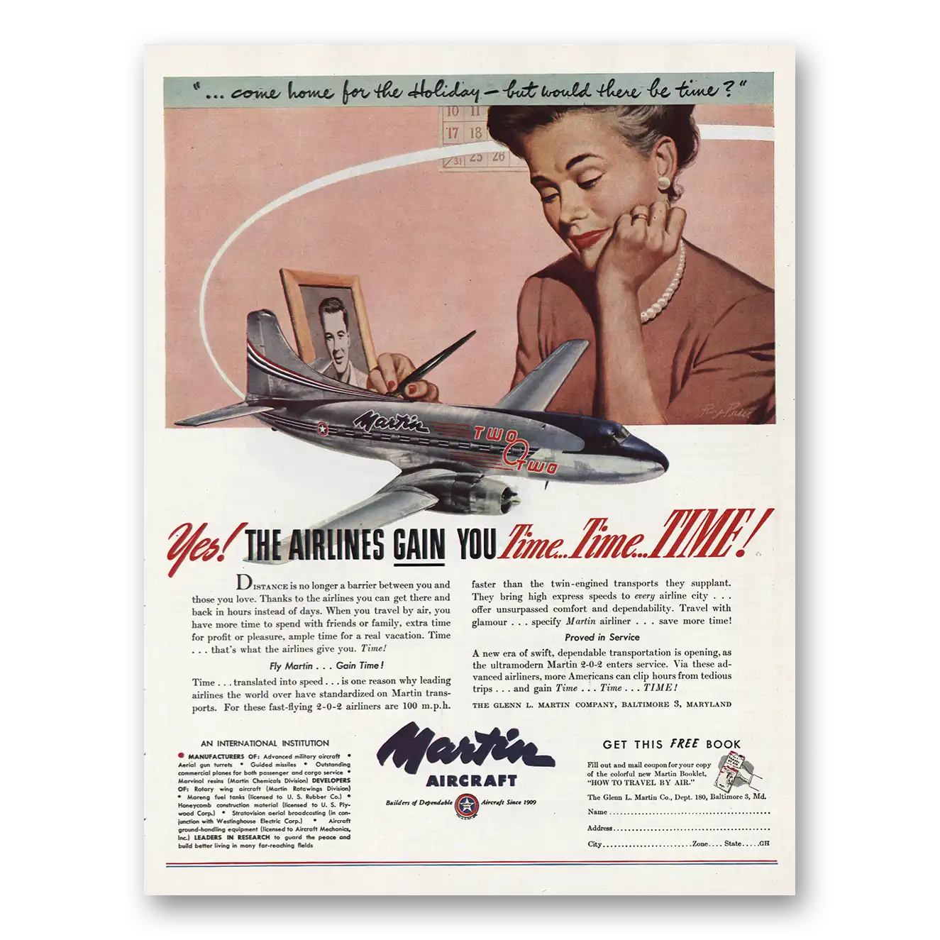 1948 Martin Aircraft Airlines Gain You Time Vintage Magazine Print Ad