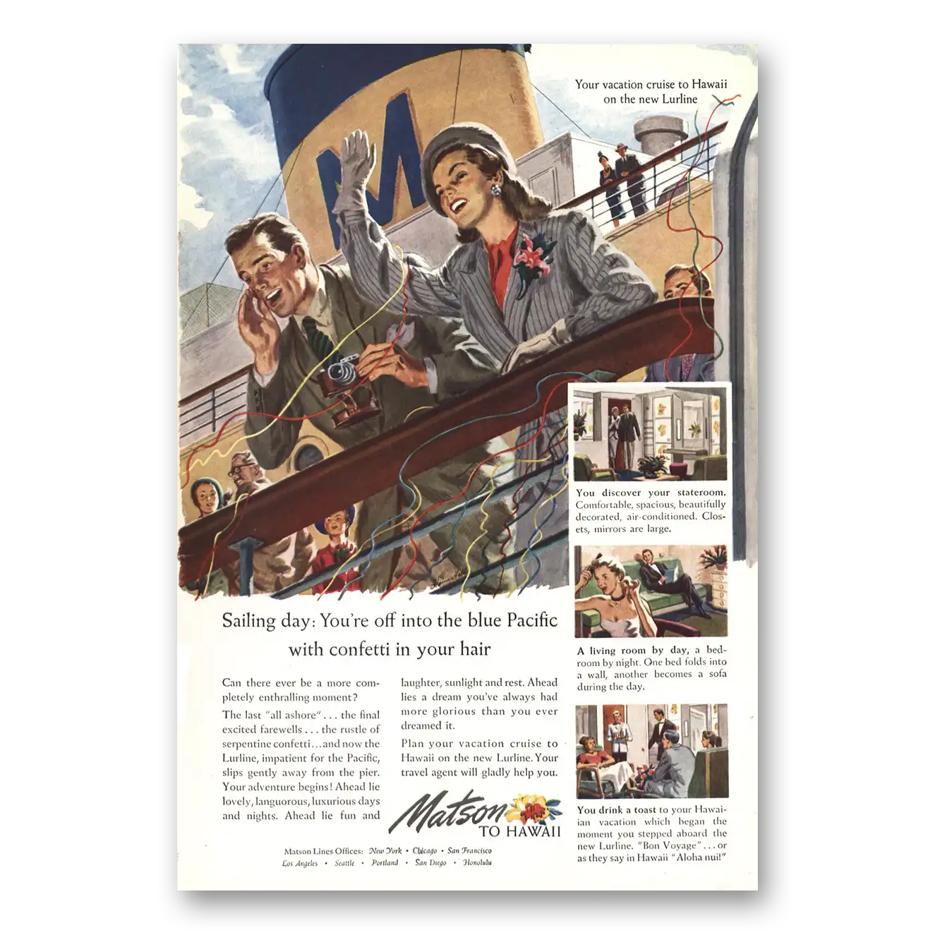 1948 Matson Line Off Into the Blue Pacific Vintage Magazine Print Ad