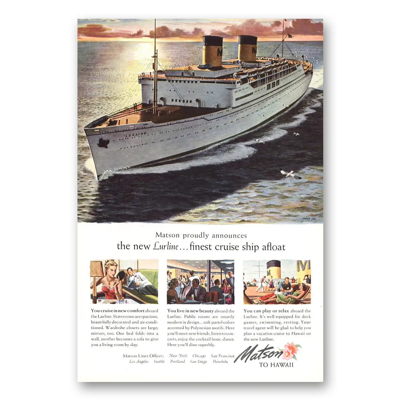 1948 Matson Line Lurline Finest Cruise Ship Afloat Vintage Magazine Print Ad