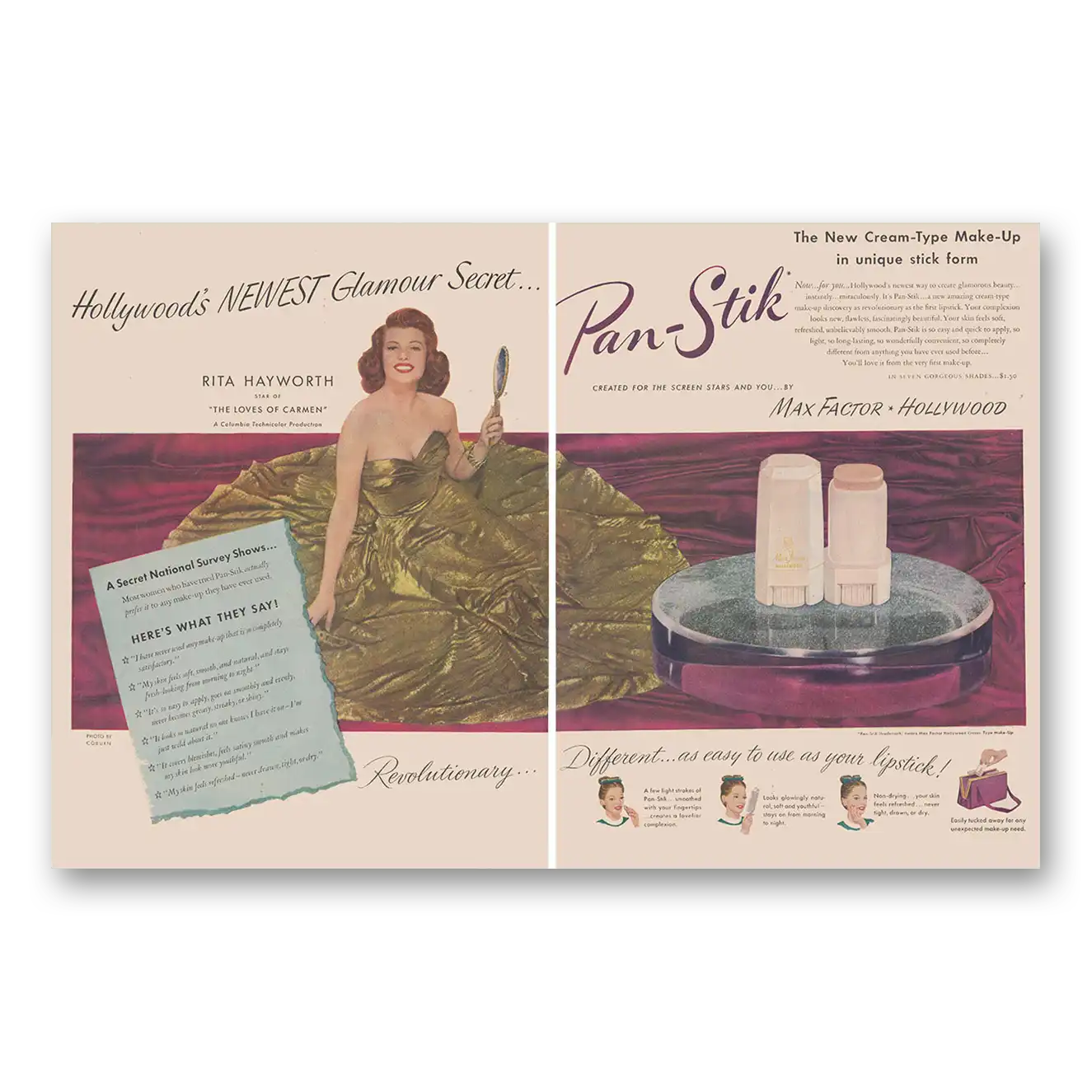 1948 Max Factor Pan Stik Rita Hayworth Hollywoods Newest Glamour Secret Vintage Magazine Print Ad