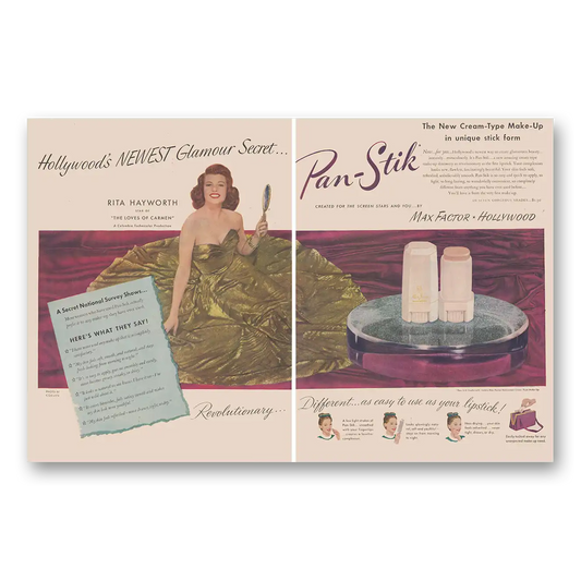 1948 Max Factor Pan Stik Rita Hayworth Hollywoods Newest Glamour Secret Vintage Magazine Print Ad