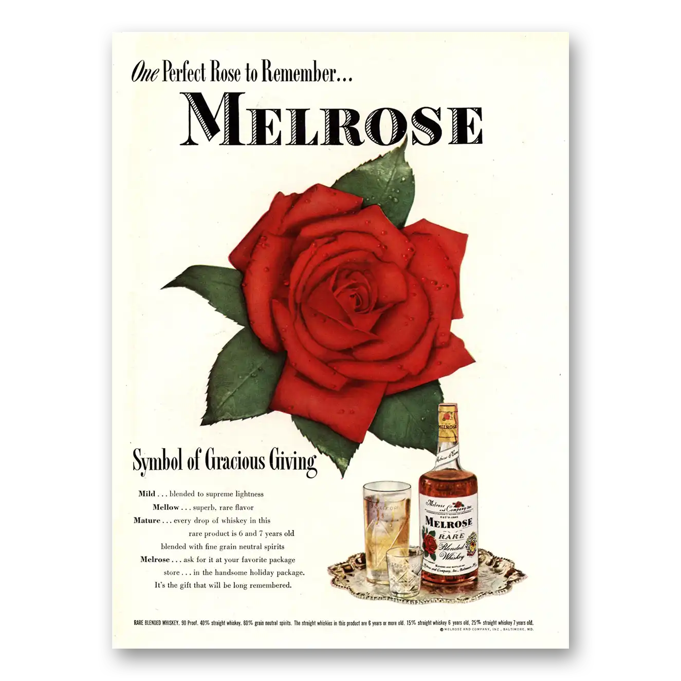 1948 Melrose Whiskey Symbol of Gracious Giving Vintage Magazine Print Ad