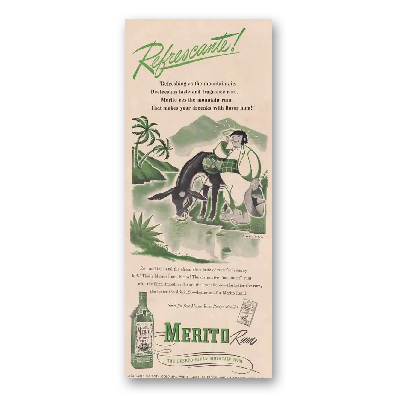 1948 Merito Rum Refrescante Refreshing as the Mountain Air Vintage Magazine Print Ad