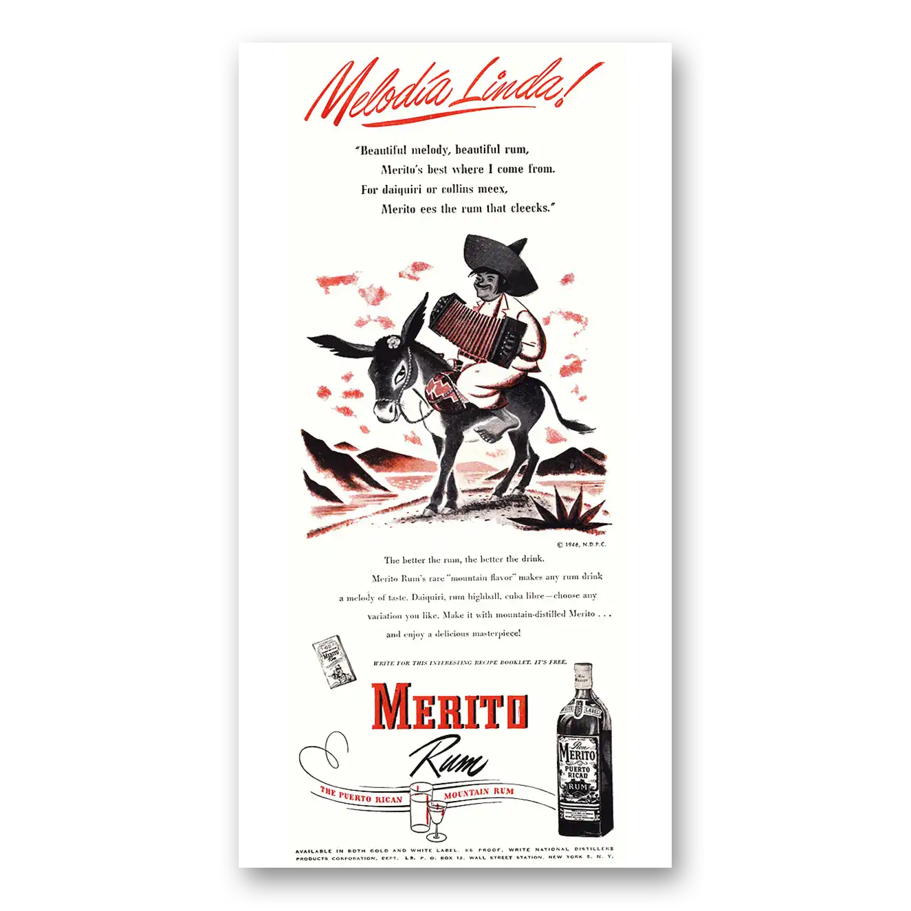 1948 Merito Rum Melodia Linda Vintage Magazine Print Ad